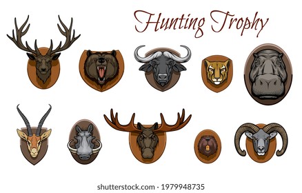 Hunting trophies animals heads. Vector deer, roaring grizzly bear muzzle and african buffalo, cheetah, hippo and gazelle, warthog, elk and beaver, bighorn sheep ram hanging on wooden plate