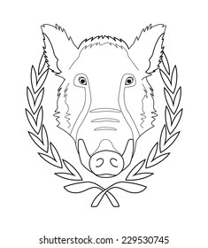 Hunting Trophy. Feral Taxidermy Wild Boar Head With Big Tusks In Laurel Wreath. Contour Lines Vector Illustration Isolated On White