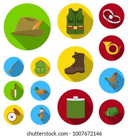 Hunting and trophy flat icons in set collection for design. Hunting and equipment vector symbol stock web illustration.