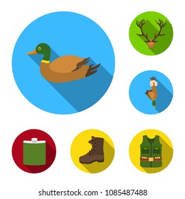 Hunting and trophy flat icons in set collection for design. Hunting and equipment vector symbol stock web illustration.