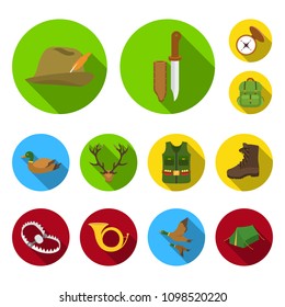 Hunting and trophy flat icons in set collection for design. Hunting and equipment vector symbol stock web illustration.