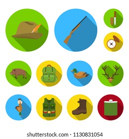 Hunting and trophy flat icons in set collection for design. Hunting and equipment vector symbol stock web illustration.