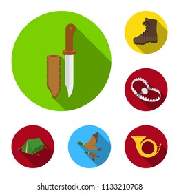 Hunting and trophy flat icons in set collection for design. Hunting and equipment vector symbol stock web illustration.