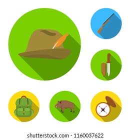 Hunting and trophy flat icons in set collection for design. Hunting and equipment vector symbol stock web illustration.