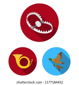 Hunting and trophy flat icons in set collection for design. Hunting and equipment vector symbol stock web illustration.