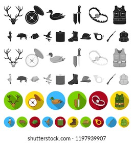Hunting and trophy flat icons in set collection for design. Hunting and equipment vector symbol stock web illustration.