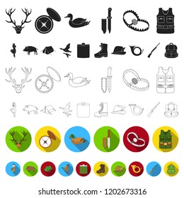 Hunting and trophy flat icons in set collection for design. Hunting and equipment vector symbol stock web illustration.