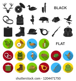 Hunting and trophy flat icons in set collection for design. Hunting and equipment vector symbol stock web illustration.