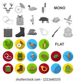 Hunting and trophy flat icons in set collection for design. Hunting and equipment vector symbol stock web illustration.