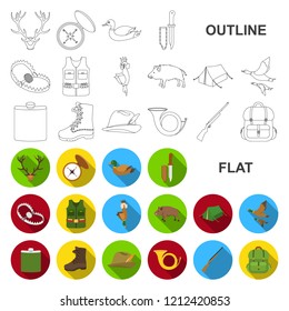 Hunting and trophy flat icons in set collection for design. Hunting and equipment vector symbol stock web illustration.