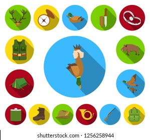 Hunting and trophy flat icons in set collection for design. Hunting and equipment vector symbol stock web illustration.