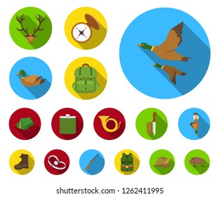 Hunting and trophy flat icons in set collection for design. Hunting and equipment vector symbol stock web illustration.