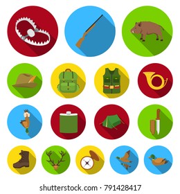 Hunting and trophy flat icons in set collection for design. Hunting and equipment vector symbol stock web illustration.