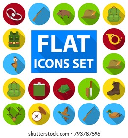 Hunting and trophy flat icons in set collection for design. Hunting and equipment vector symbol stock web illustration.