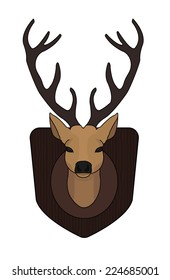 Hunting trophy. Stuffed taxidermy deer head with big antlers in wood shield. Color illustration isolated on white 