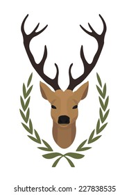 Hunting Trophy. Stuffed Taxidermy Deer Head With Big Antlers In Laurel Wreath. Color Vector Illustration Isolated On White. No Outline