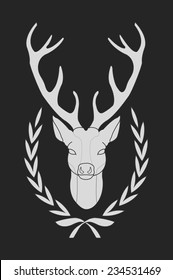 Hunting trophy. Stuffed taxidermy deer head with big antlers in laurel wreath. Blackboard chalk vector illustration isolated on black