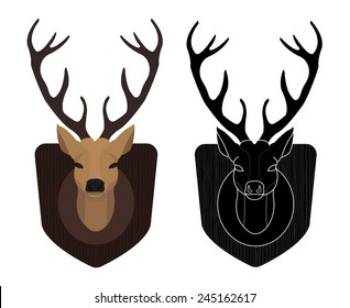 Hunting Trophy. Stuffed Taxidermy Deer Head With Big Antlers In Wood Shield. Color And Black Illustrations Isolated On White. Vector