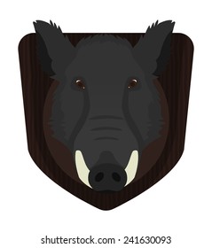 Hunting trophy. Stuffed taxidermy wild boar head with big tusks in wood shield. Color no outline illustration isolated on white 