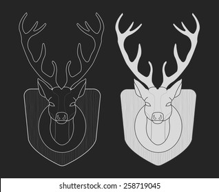 Hunting trophy. Taxidermy dummy deer head on wood shield. Chalk illustration isolated on blackboard