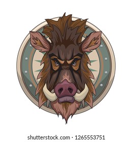 Hunting trophy. Vector illustration of cartoon style wild boar head on the shield isolated on white background for your graphic and web design