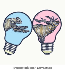 Hunting t-shirt design. Jaguar attacking reindeer. Surrealist graphics, wild animals in light bulbs art poster