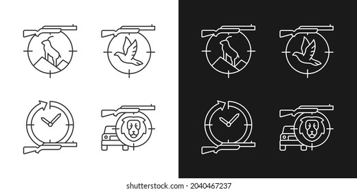 Hunting types linear icons set for dark and light mode. Mountain hunting. Pigeon shooting. Day and night hunt. Customizable thin line symbols. Isolated vector outline illustrations. Editable stroke