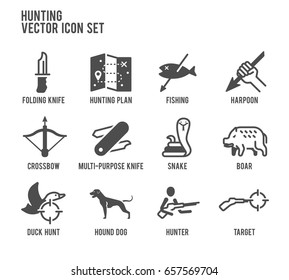 Hunting vector icon set. Included the icons as snake, boar pig, hound dog, hunter, crossbow, plan and more.