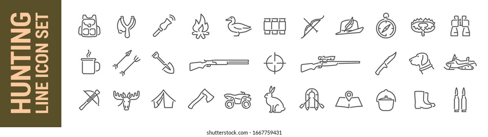 Hunting vector isolated line icon set. Rifle shotgun equipment & animals. Collection