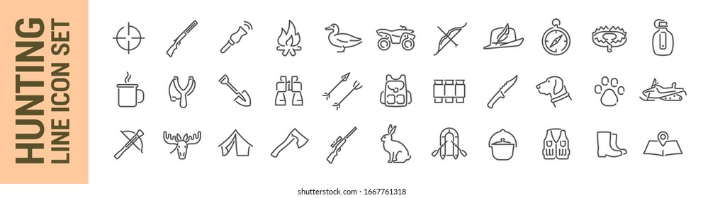 Hunting vector isolated line icon set. Weapons equipment & animals. Collection
