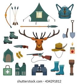 Hunting vector set. Bow and arrows, deer and spear. Tent and rubber boots, knife and gun. Travel icon collection. Flat cartoon style illustration
