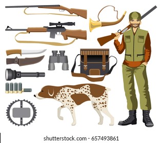 Hunting. Vector set of hunting. Hunter, guns and knifes, hunting dog and accessories for hunting.