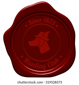 Hunting Vintage Emblem. Silhouette of Setter Head With Hunter Hat and Feather. Suitable for Advertising, Hunt Equipment, Club And Other Use. Dark Red Retro Seal   Style.  Vector Illustration. 