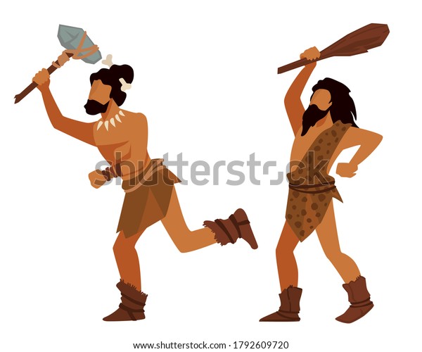 Hunting or wars during prehistoric era, men running with tools, instruments or bats. Hunters or warriors neanderthals, evolution in history of mankind. Caveman civilization vector in flat style