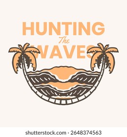 Hunting The Waves – Vintage Surfing Tropical Illustration, t shirt print design