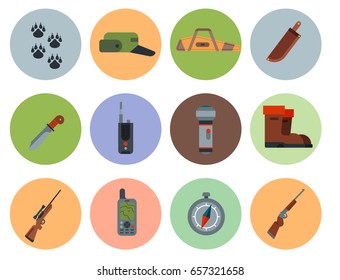 Hunting weapons and symbols design elements flat style hunter forest wild animals vector illustration.