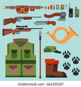 Hunting weapons and symbols design elements flat style hunter forest wild animals vector illustration.