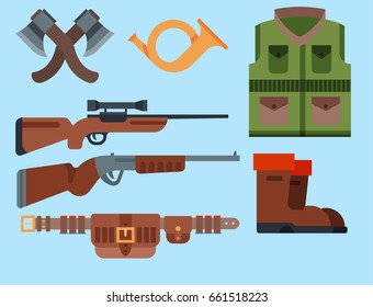 Hunting weapons and symbols design elements flat style hunter forest wild animals vector illustration.