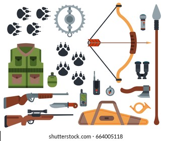 Hunting weapons and symbols design elements flat style hunter forest wild animals vector illustration.
