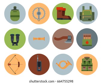 Hunting weapons and symbols design elements flat style hunter forest wild animals vector illustration.