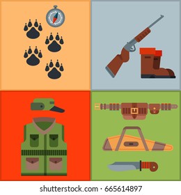 Hunting weapons and symbols design elements flat style hunter forest wild animals vector illustration.