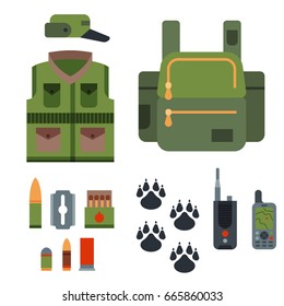 Hunting weapons and symbols design elements flat style hunter forest wild animals vector illustration.