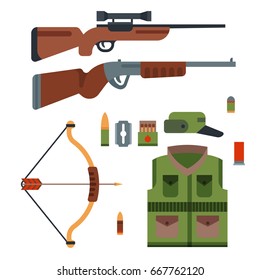Hunting weapons and symbols design elements. flat style hunter forest wild animals vector illustration.