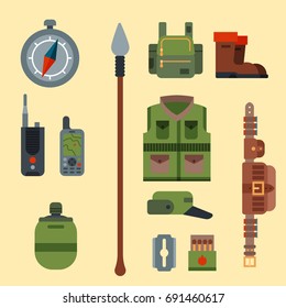 Hunting weapons and symbols design elements flat style hunter forest wild animals vector illustration.