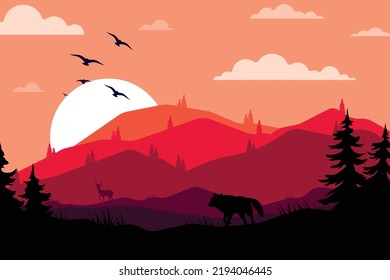 Hunting Wolf - Landscape Illustration
