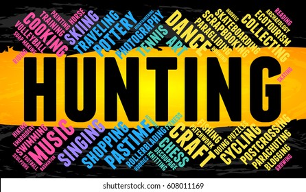 Hunting. Word cloud, multicolor font, yellow stripe, grunge background. Hobby.