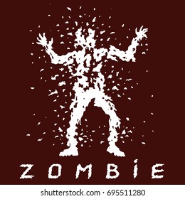 Hunting for zombies with a machine gun. Vector illustration. Scary character silhouette. The horror genre. Red color background.