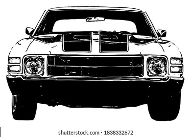 Huntington Beach, CA / USA - October 21, 2020: Front Of A 1971 Chevy Chevelle Vector Illustration In Black On White Background 