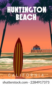 Huntington Beach California retro travel poster vector