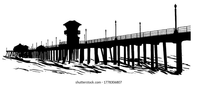 Huntington Beach Pier Silhouette vector graphic in black on white background 